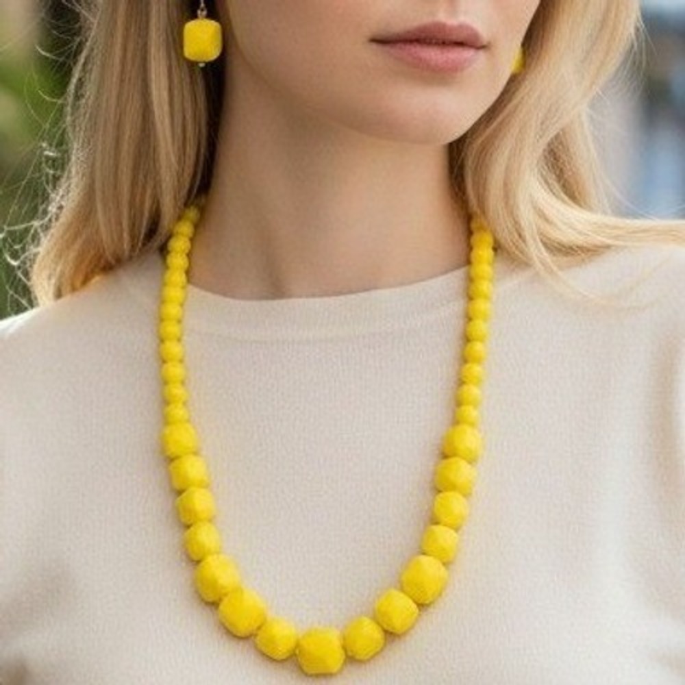 Coiris Yellow Chunky Beaded Statement Necklace and Geometric Drop Earring Set